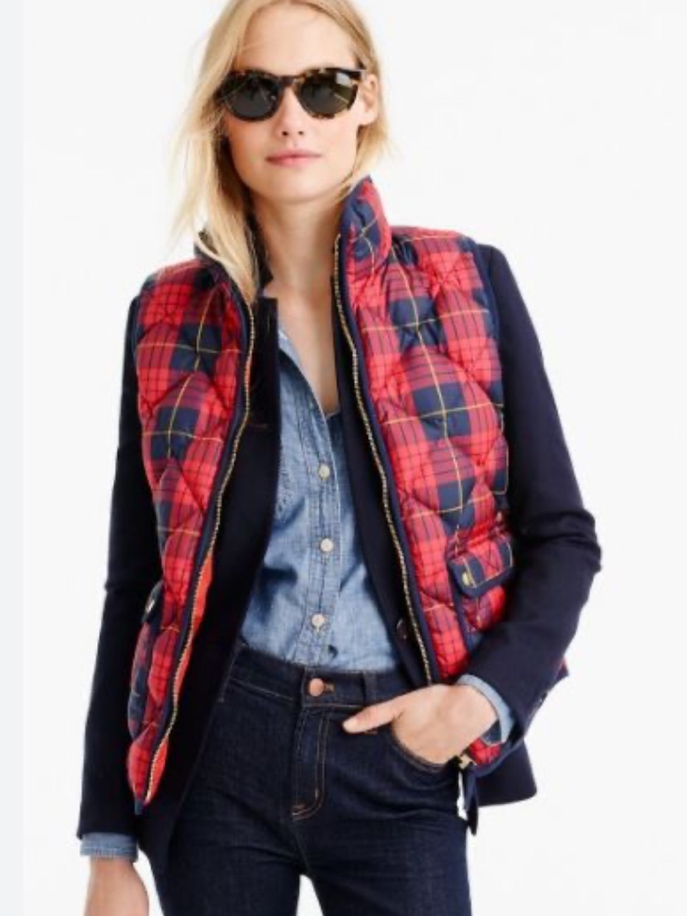 J. Crew Quilted Plaid Puffer Vest - Red & Navy